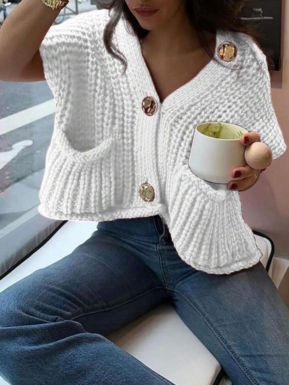 SHEIN White Chunky Knit Button-Front Sweater Vest with Gold Buttons